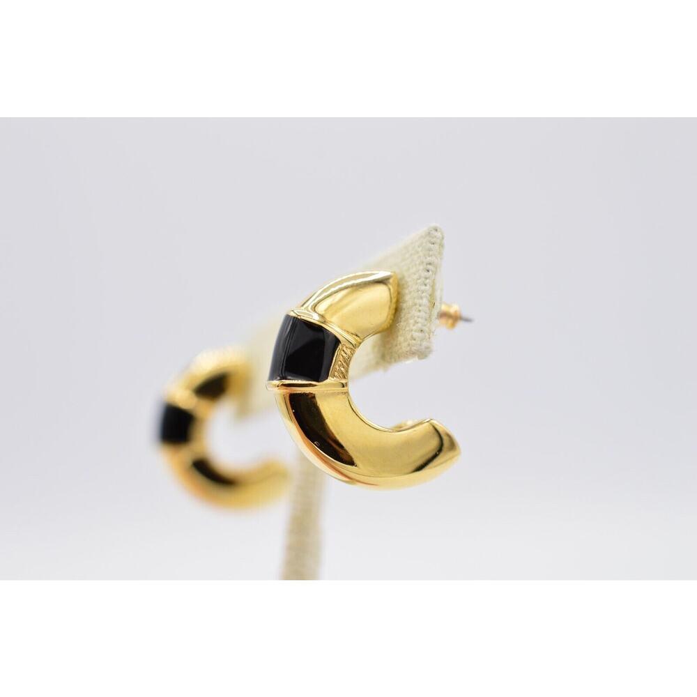 Givenchy Vintage Earrings Black Enamel Chunky Hoop Heavy Gold Signed 1980s 9C - Picture 8 of 11